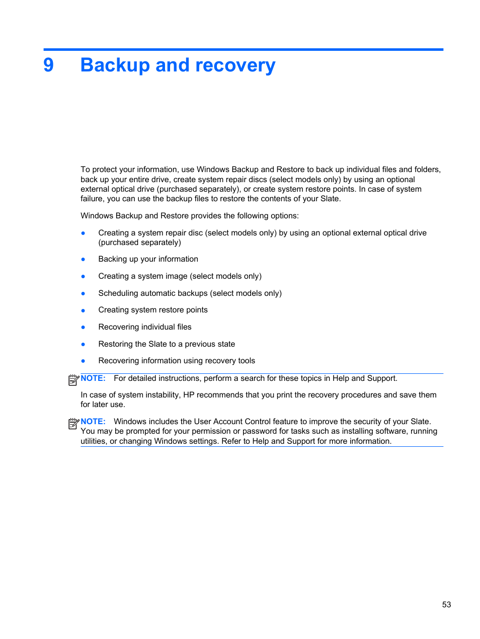 Backup and recovery, 9 backup and recovery, 9backup and recovery | HP Slate 2 Tablet PC User Manual | Page 63 / 87