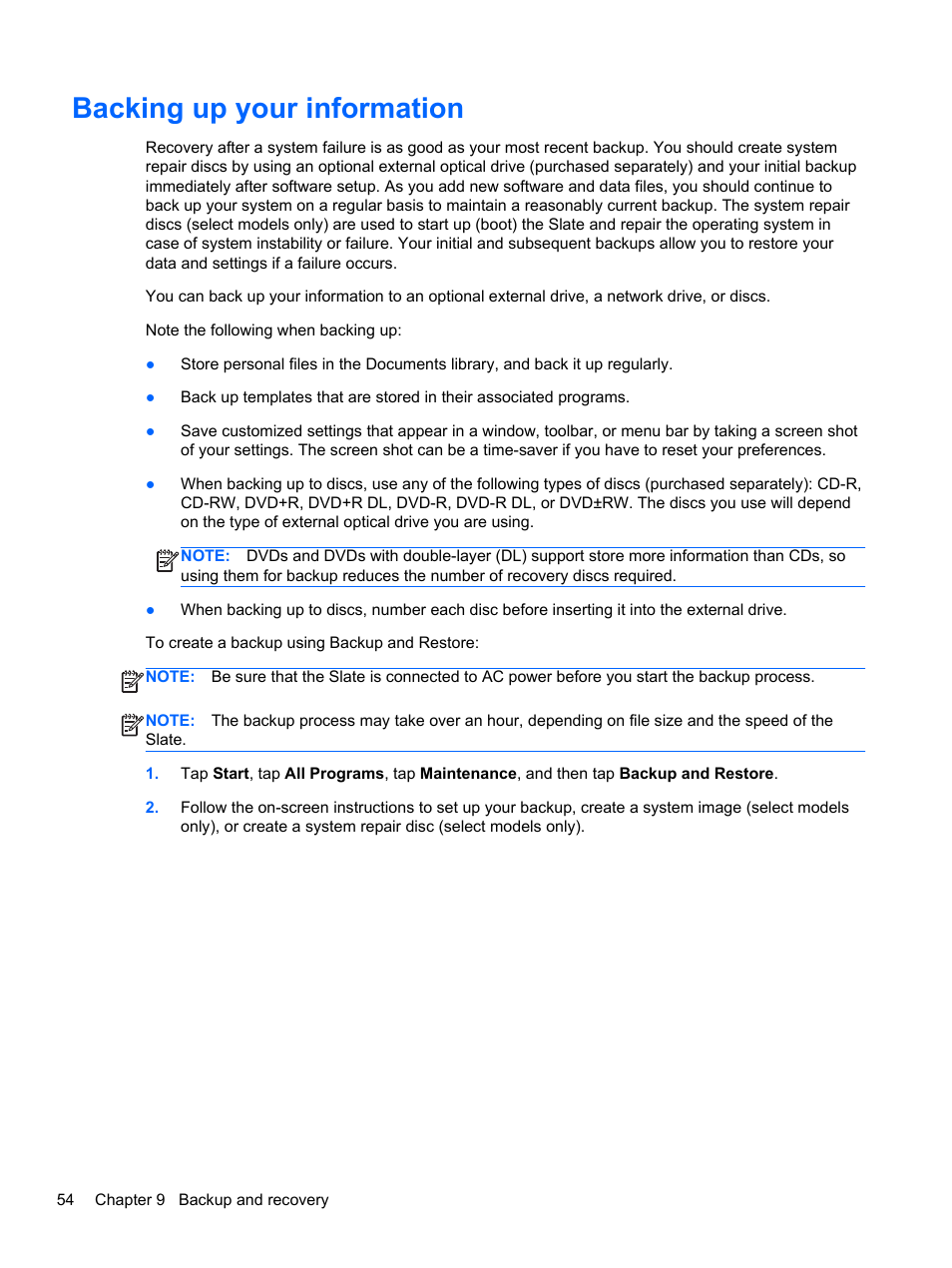 Backing up your information | HP Slate 2 Tablet PC User Manual | Page 64 / 87