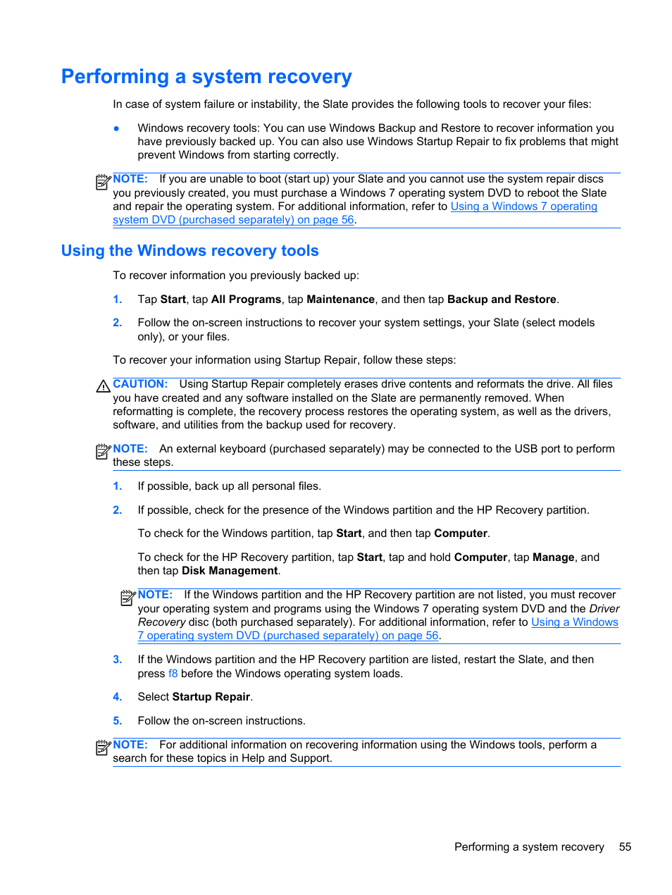 Performing a system recovery, Using the windows recovery tools | HP Slate 2 Tablet PC User Manual | Page 65 / 87