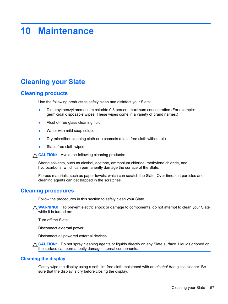 Maintenance, Cleaning your slate, Cleaning products | Cleaning procedures, Cleaning the display, 10 maintenance, Cleaning products cleaning procedures | HP Slate 2 Tablet PC User Manual | Page 67 / 87