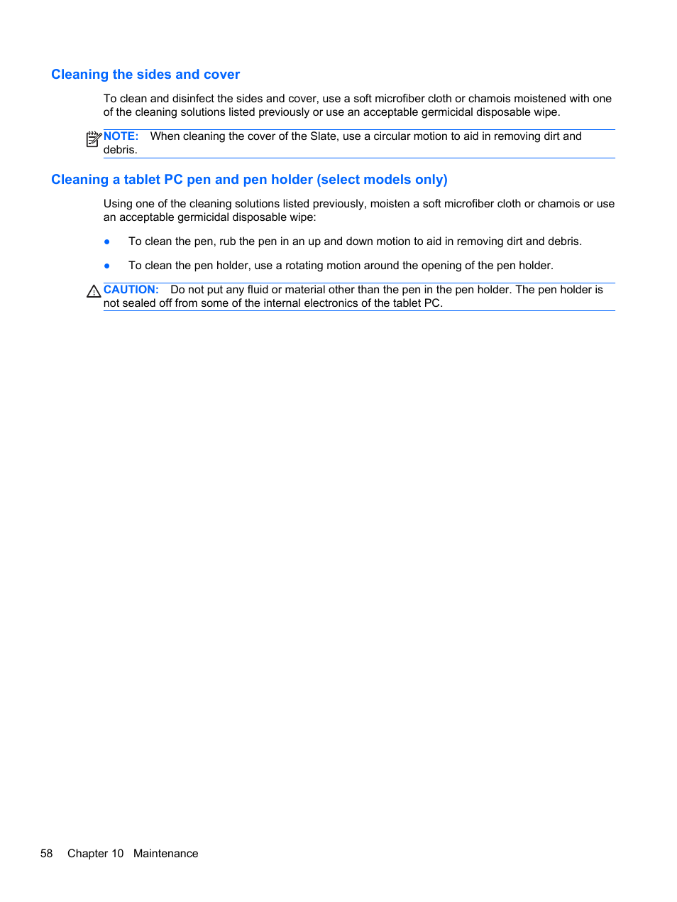Cleaning the sides and cover | HP Slate 2 Tablet PC User Manual | Page 68 / 87
