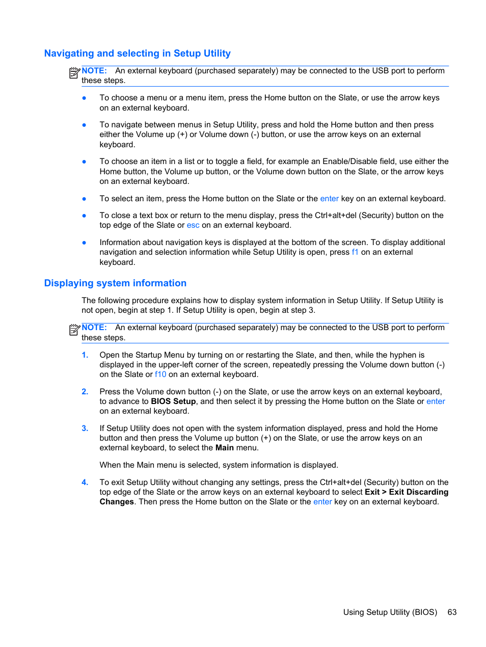 Navigating and selecting in setup utility, Displaying system information | HP Slate 2 Tablet PC User Manual | Page 73 / 87