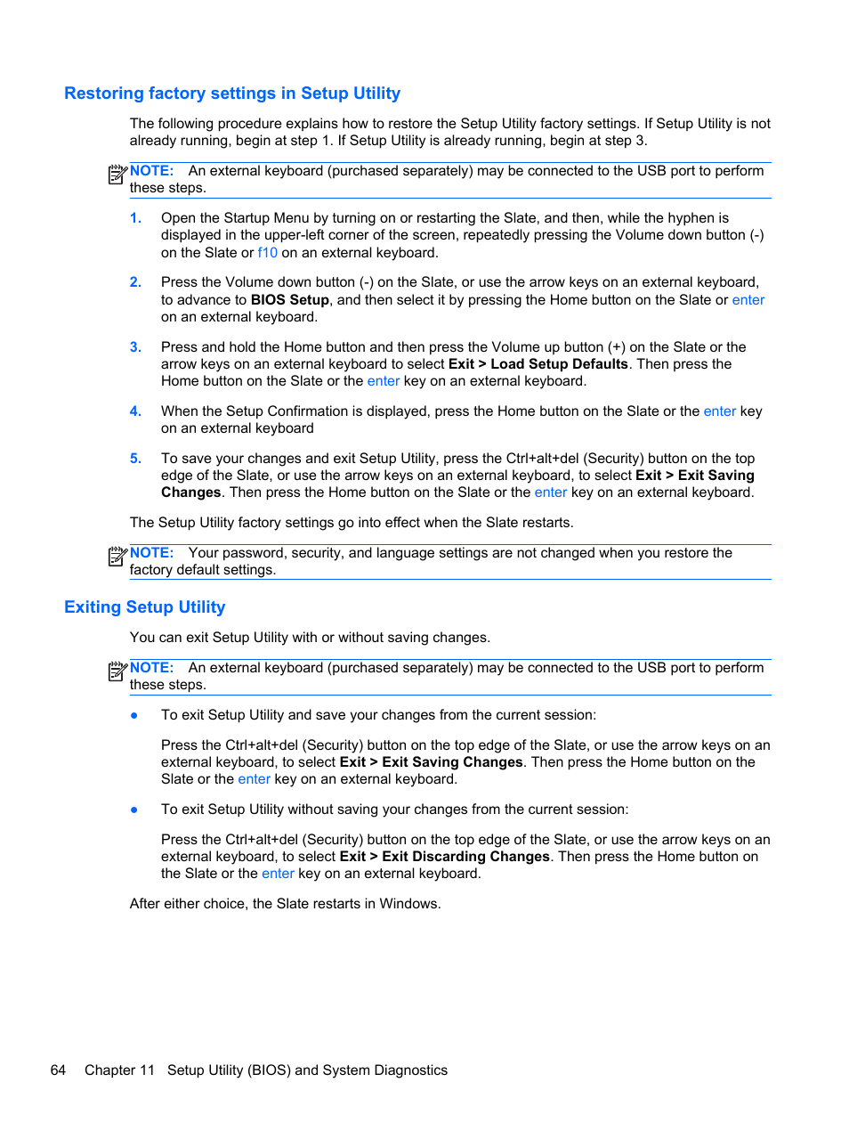 Restoring factory settings in setup utility, Exiting setup utility | HP Slate 2 Tablet PC User Manual | Page 74 / 87