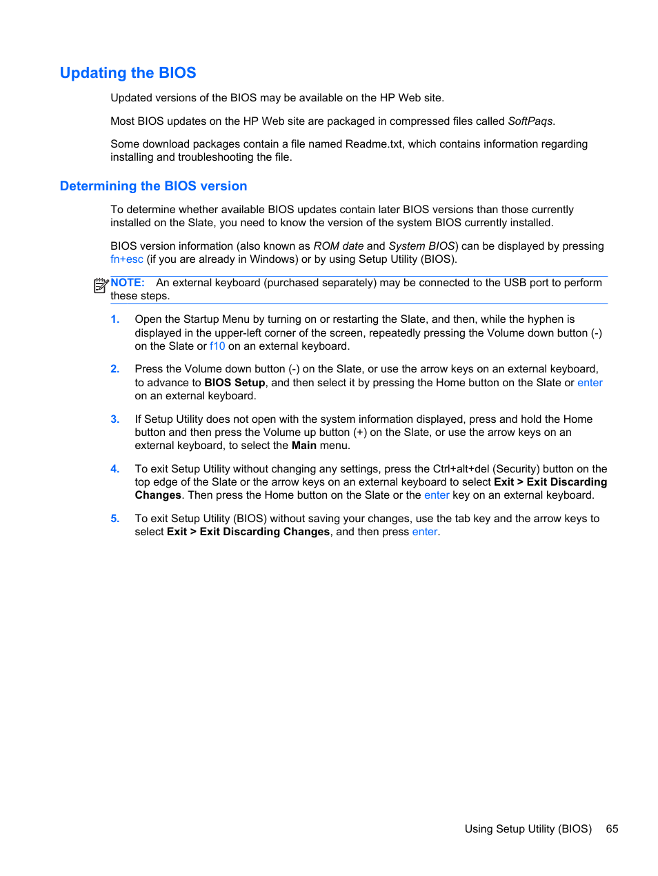 Updating the bios, Determining the bios version | HP Slate 2 Tablet PC User Manual | Page 75 / 87