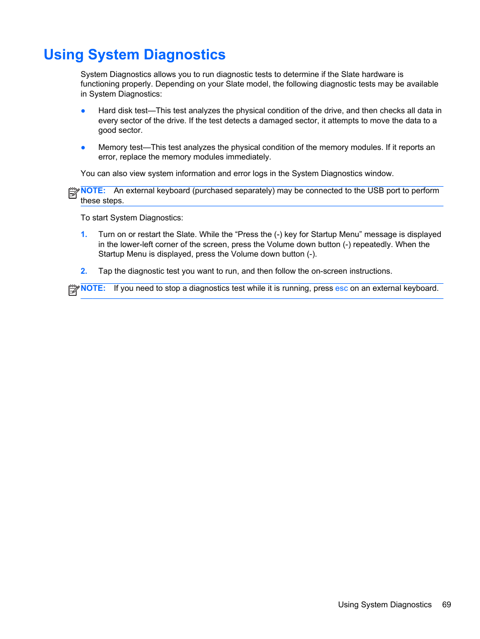 Using system diagnostics | HP Slate 2 Tablet PC User Manual | Page 79 / 87