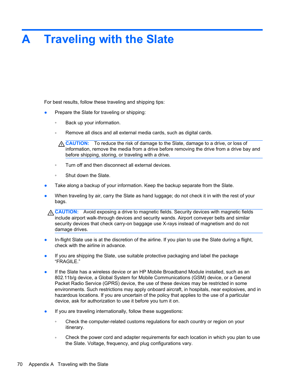 Traveling with the slate, Appendix a traveling with the slate, Atraveling with the slate | HP Slate 2 Tablet PC User Manual | Page 80 / 87