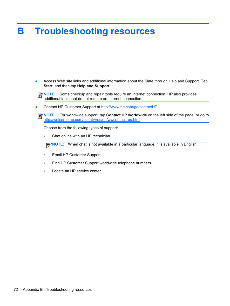 Troubleshooting resources, Appendix b troubleshooting resources, Btroubleshooting resources | HP Slate 2 Tablet PC User Manual | Page 82 / 87