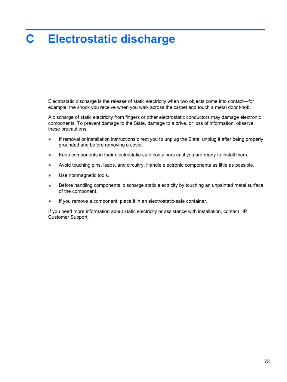 Electrostatic discharge, Appendix c electrostatic discharge, Celectrostatic discharge | HP Slate 2 Tablet PC User Manual | Page 83 / 87