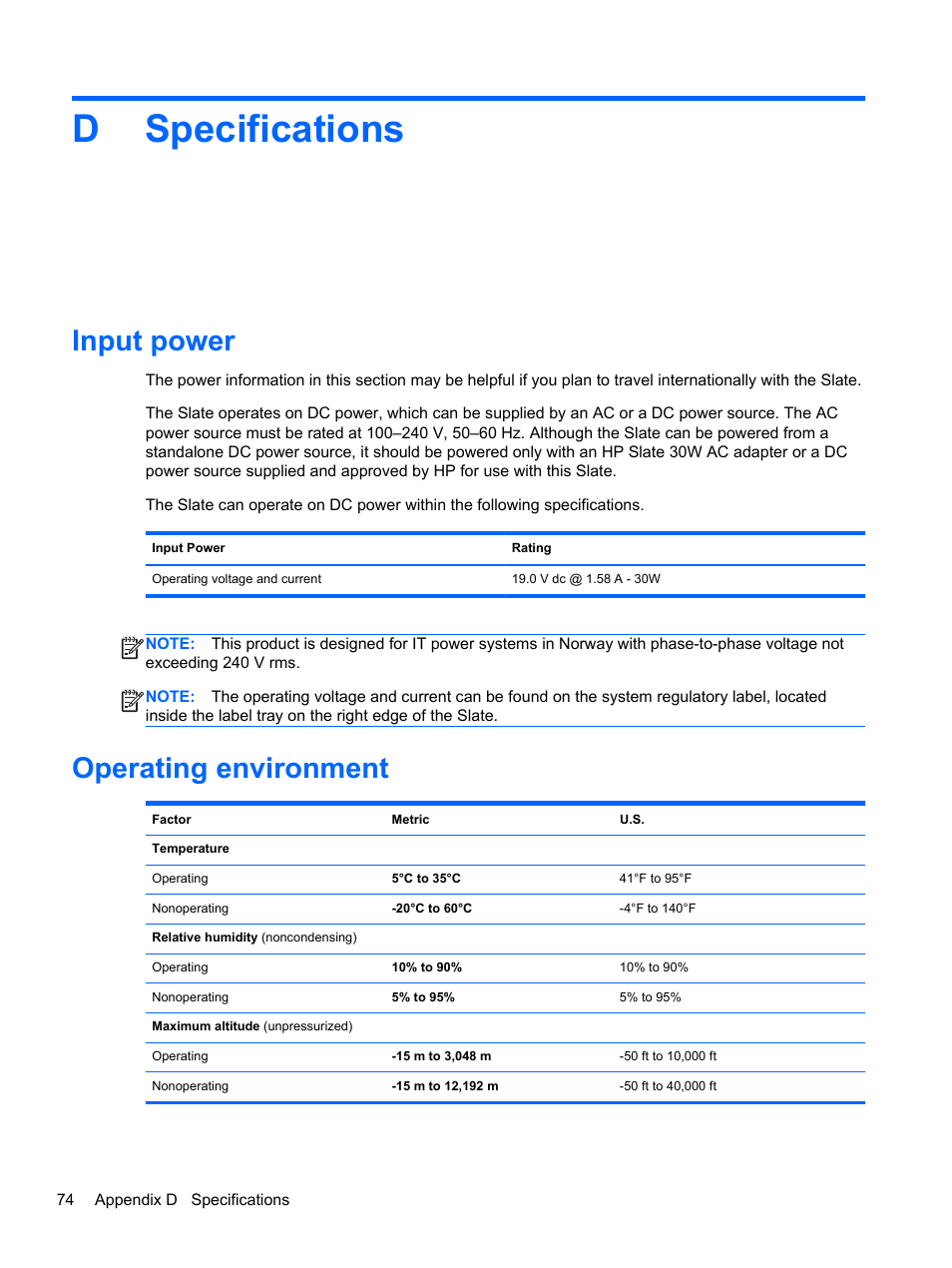 Specifications, Input power, Operating environment | Dspecifications | HP Slate 2 Tablet PC User Manual | Page 84 / 87