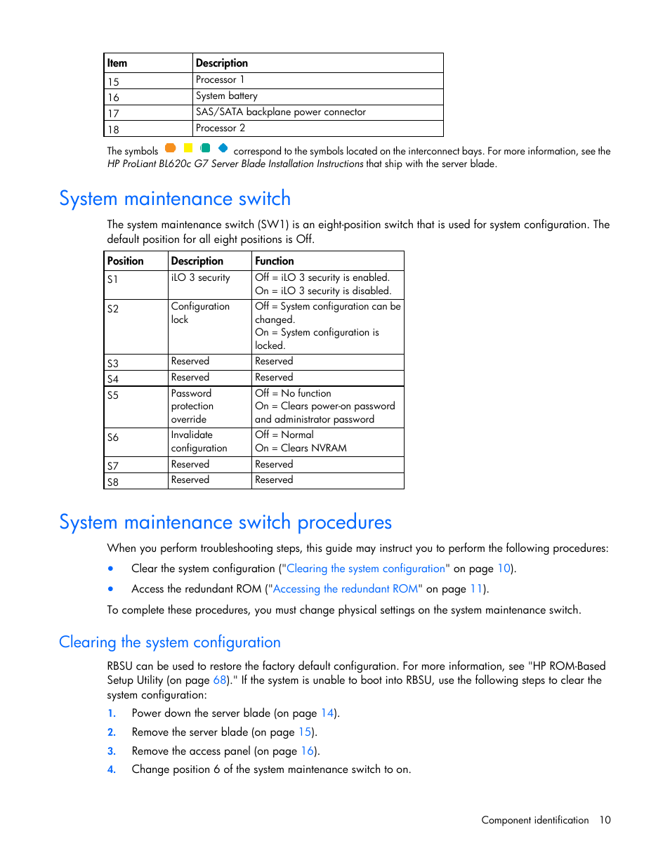 System maintenance switch, System maintenance switch procedures, Clearing the system configuration | HP ProLiant BL620c G7 Server-Blade User Manual | Page 10 / 123