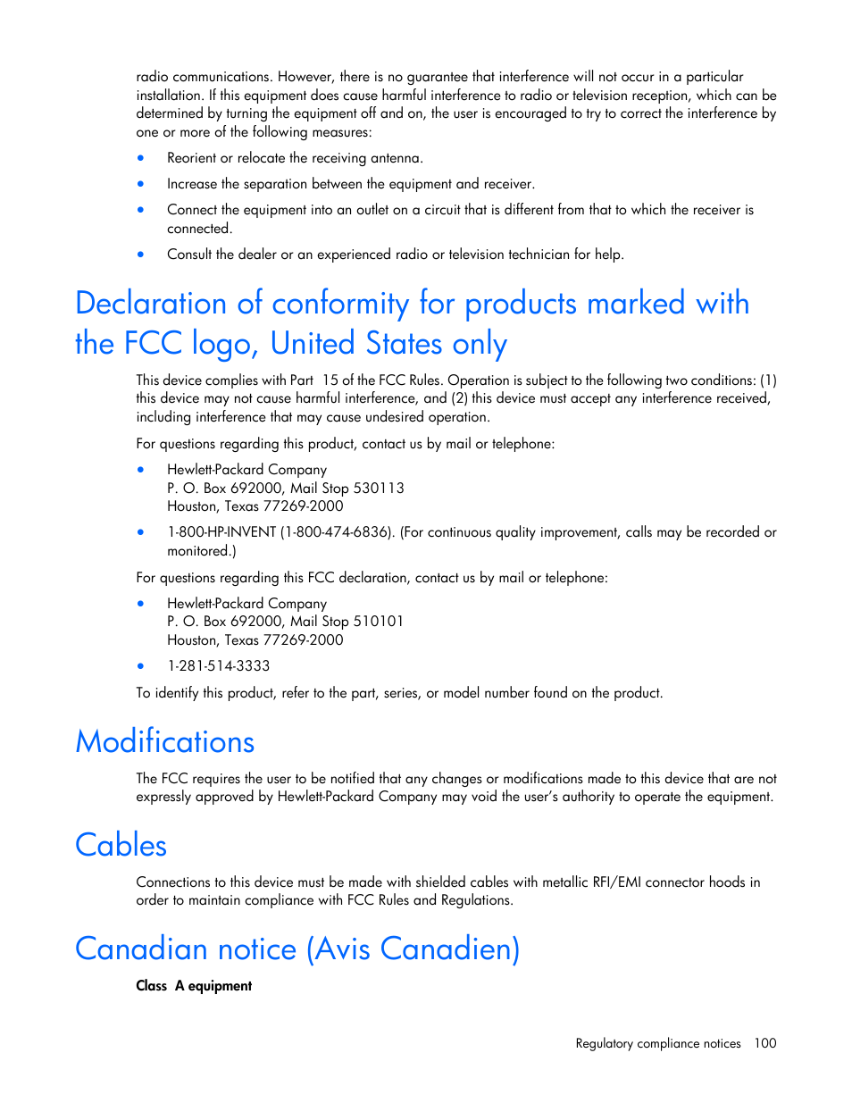 Modifications, Cables, Canadian notice (avis canadien) | HP ProLiant BL620c G7 Server-Blade User Manual | Page 100 / 123
