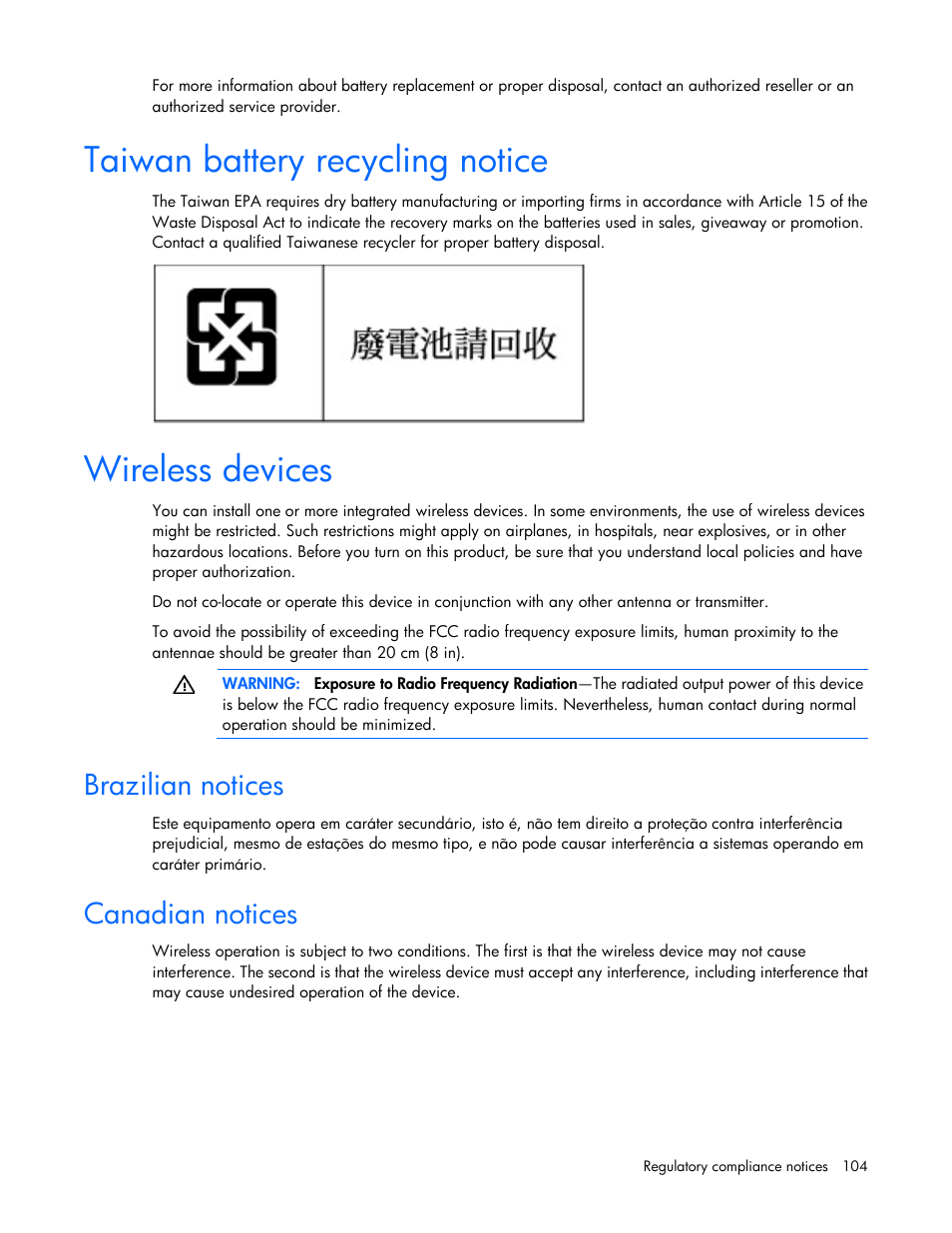Taiwan battery recycling notice, Wireless devices, Brazilian notices | Canadian notices | HP ProLiant BL620c G7 Server-Blade User Manual | Page 104 / 123
