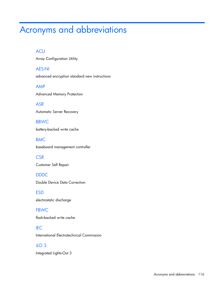 Acronyms and abbreviations | HP ProLiant BL620c G7 Server-Blade User Manual | Page 116 / 123