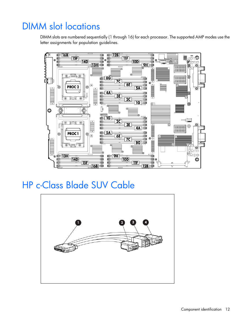 Dimm slot locations, Hp c-class blade suv cable | HP ProLiant BL620c G7 Server-Blade User Manual | Page 12 / 123
