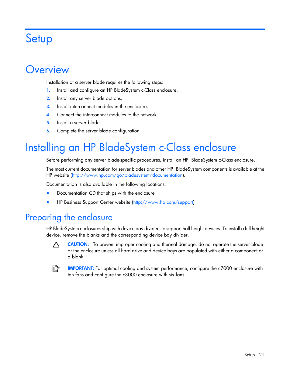 Setup, Overview, Installing an hp bladesystem c-class enclosure | Preparing the enclosure | HP ProLiant BL620c G7 Server-Blade User Manual | Page 21 / 123