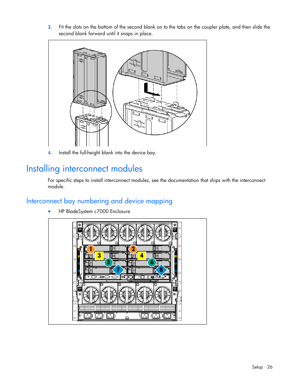 Installing interconnect modules, Interconnect bay numbering and device mapping | HP ProLiant BL620c G7 Server-Blade User Manual | Page 26 / 123