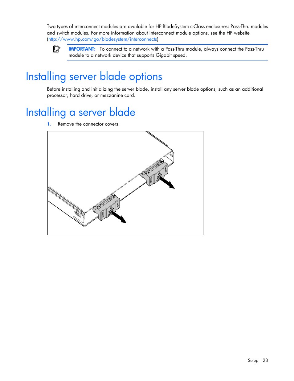 Installing server blade options, Installing a server blade | HP ProLiant BL620c G7 Server-Blade User Manual | Page 28 / 123