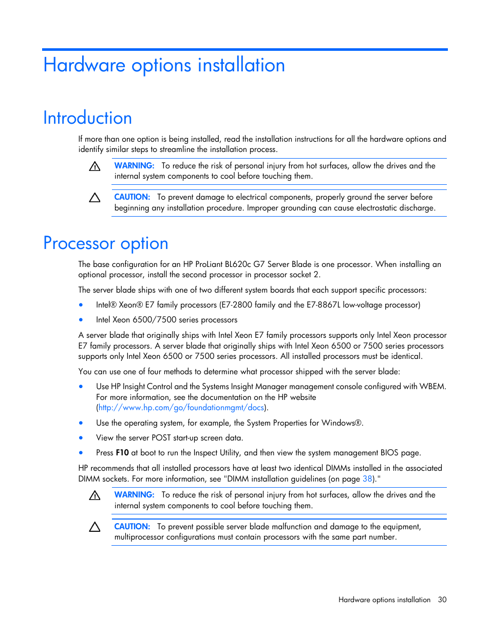 Hardware options installation, Introduction, Processor option | HP ProLiant BL620c G7 Server-Blade User Manual | Page 30 / 123