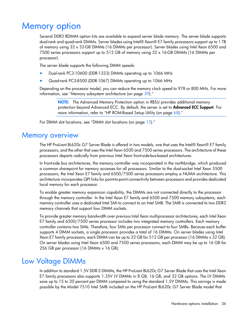 Memory option, Memory overview, Low voltage dimms | HP ProLiant BL620c G7 Server-Blade User Manual | Page 36 / 123