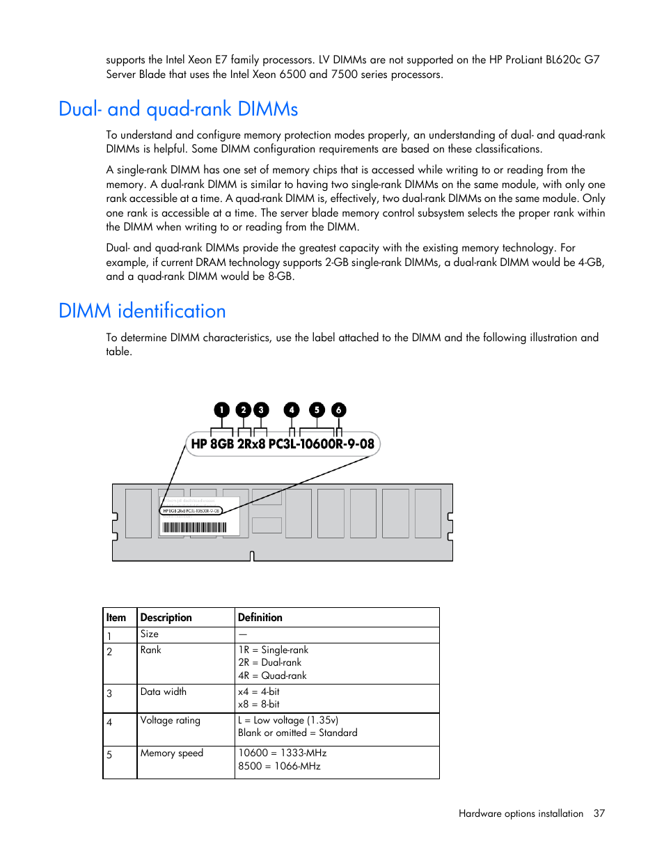 Dual- and quad-rank dimms, Dimm identification | HP ProLiant BL620c G7 Server-Blade User Manual | Page 37 / 123