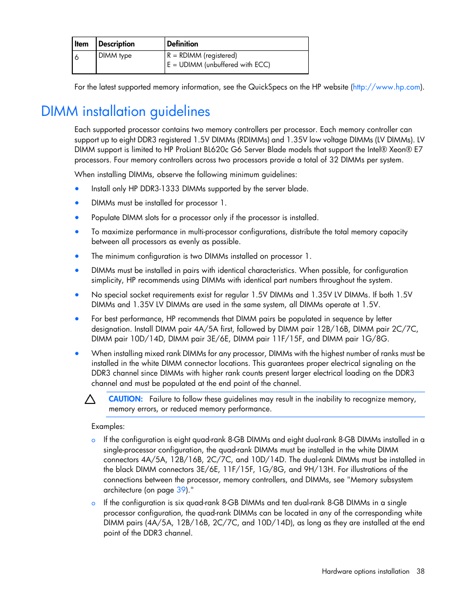 Dimm installation guidelines | HP ProLiant BL620c G7 Server-Blade User Manual | Page 38 / 123