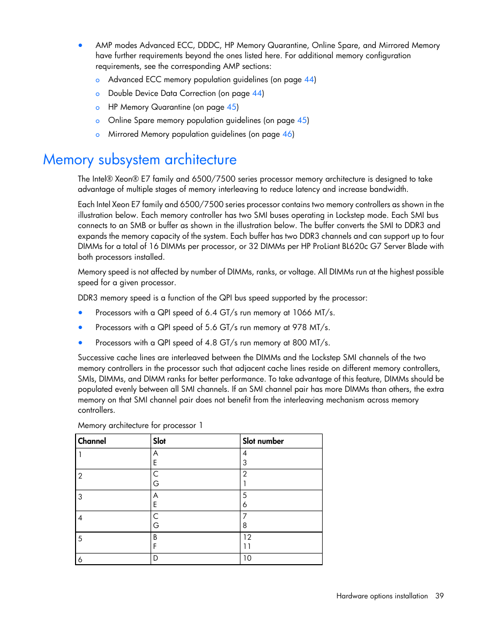 Memory subsystem architecture | HP ProLiant BL620c G7 Server-Blade User Manual | Page 39 / 123