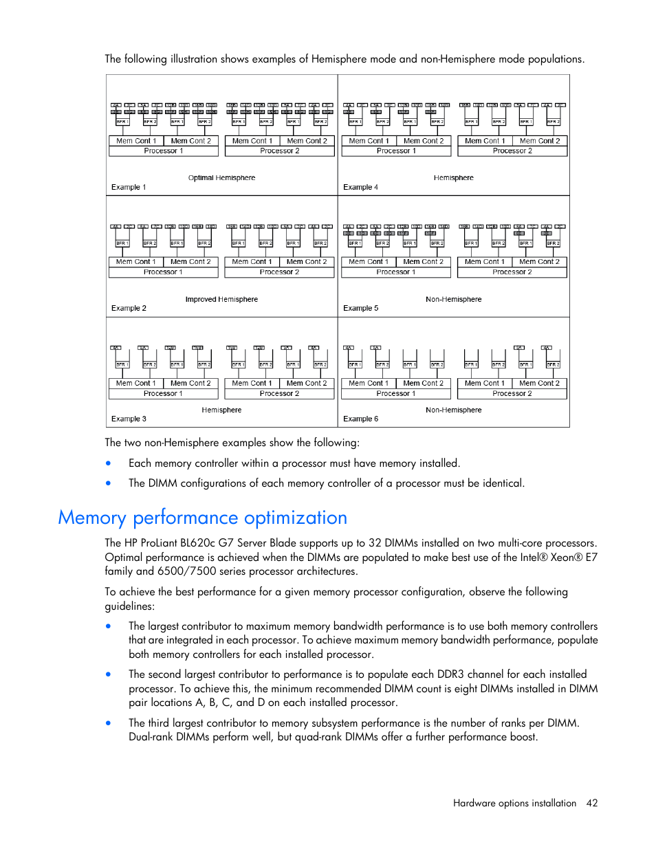 Memory performance optimization | HP ProLiant BL620c G7 Server-Blade User Manual | Page 42 / 123