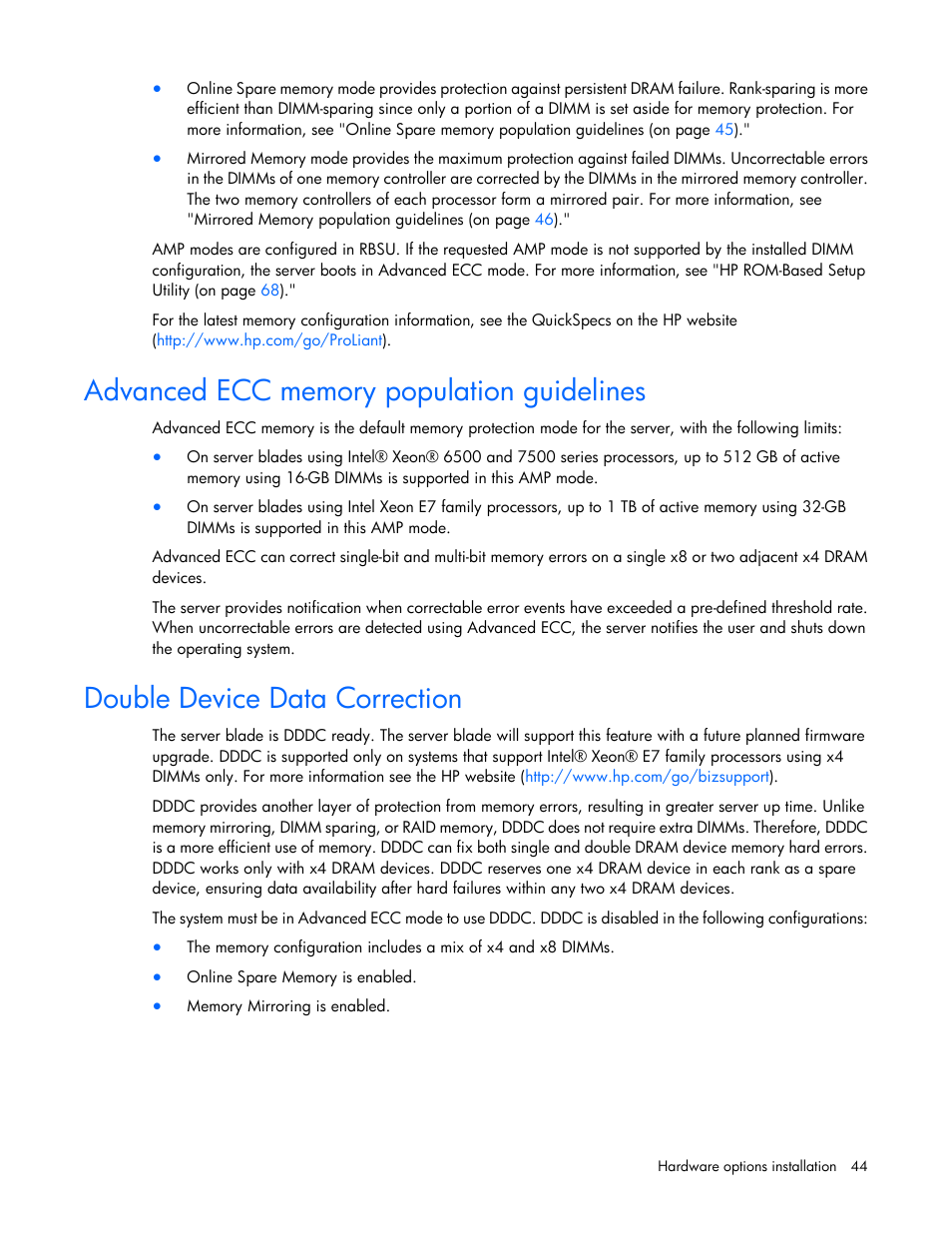 Advanced ecc memory population guidelines, Double device data correction | HP ProLiant BL620c G7 Server-Blade User Manual | Page 44 / 123