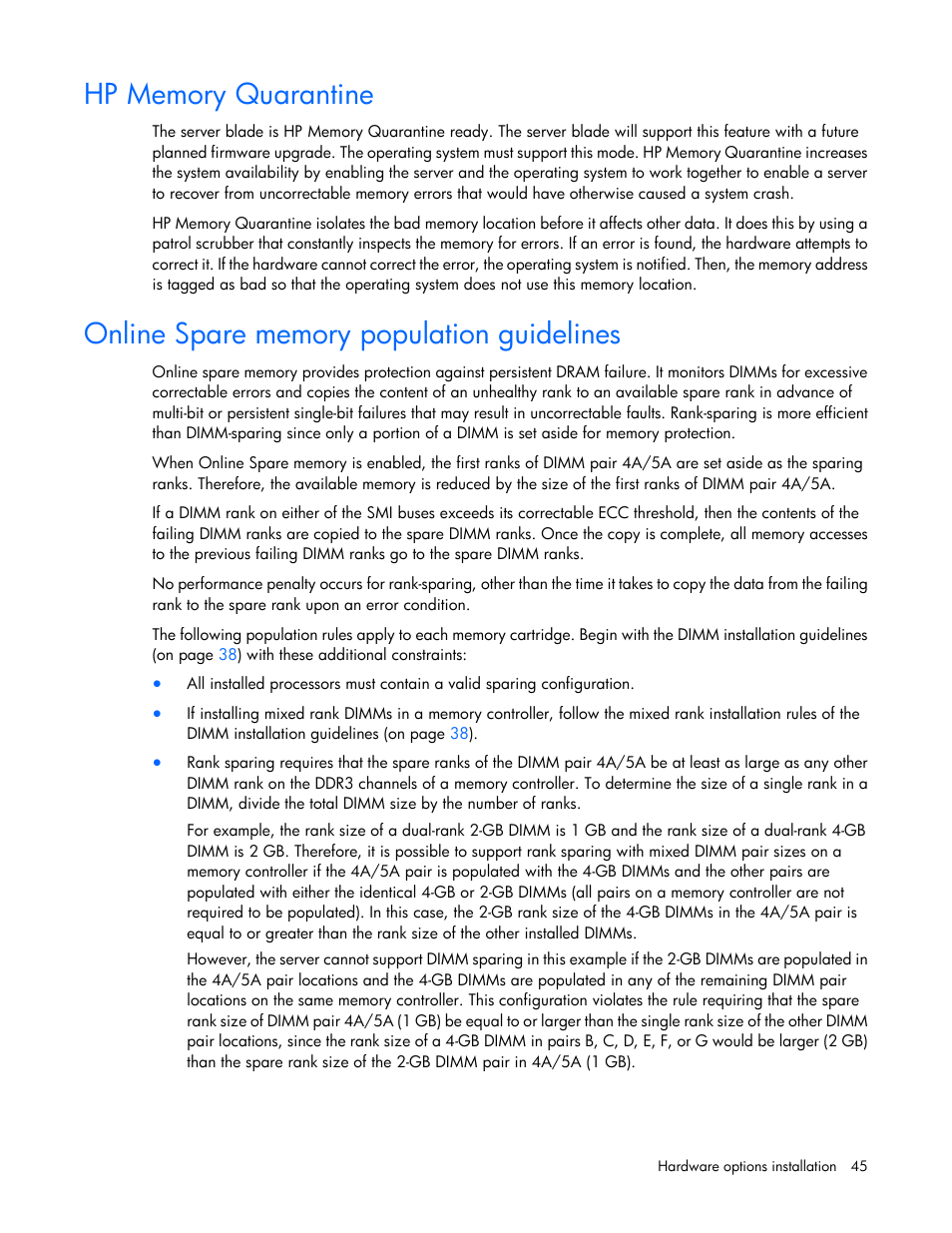 Hp memory quarantine, Online spare memory population guidelines | HP ProLiant BL620c G7 Server-Blade User Manual | Page 45 / 123