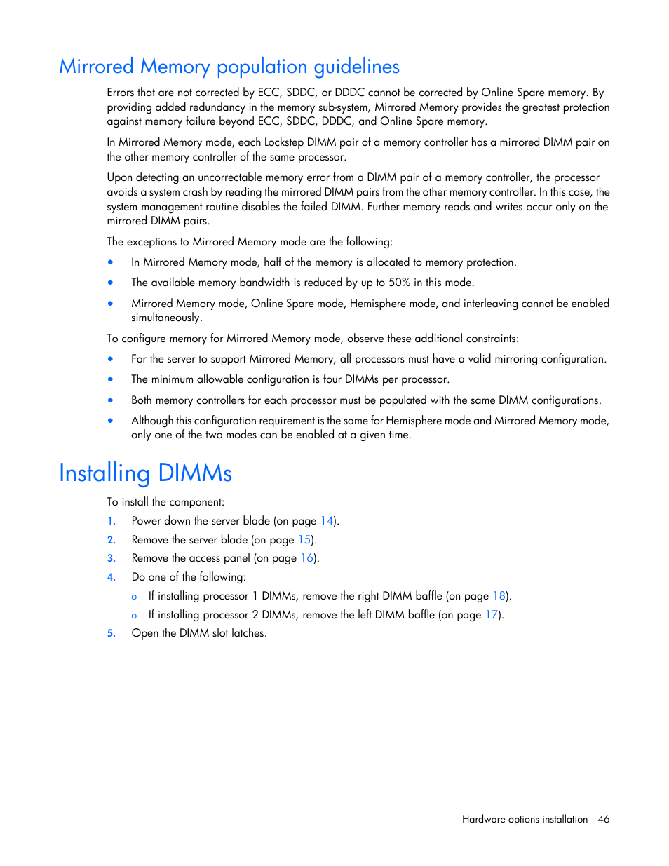 Mirrored memory population guidelines, Installing dimms | HP ProLiant BL620c G7 Server-Blade User Manual | Page 46 / 123