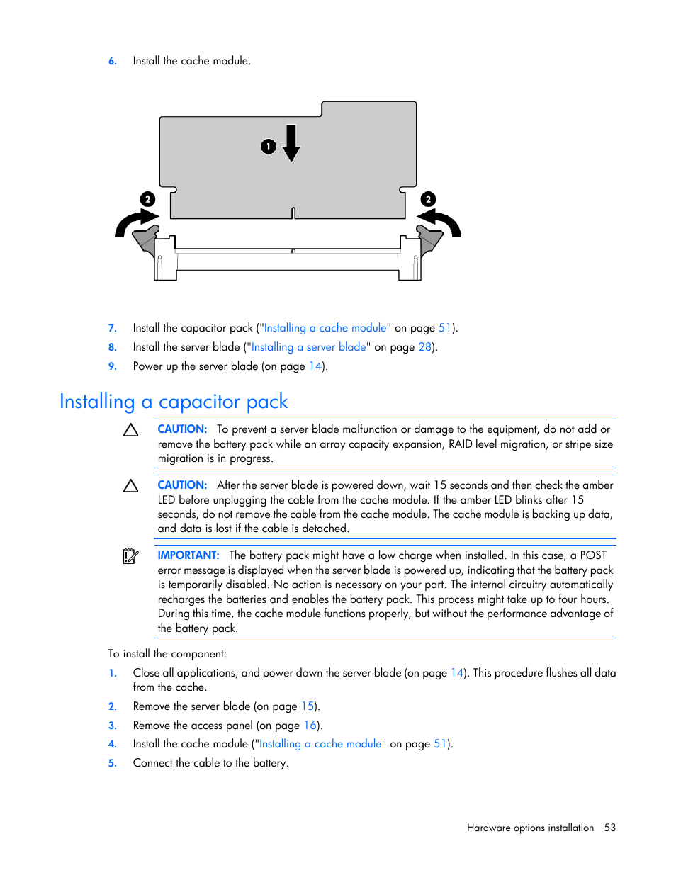 Installing a capacitor pack | HP ProLiant BL620c G7 Server-Blade User Manual | Page 53 / 123