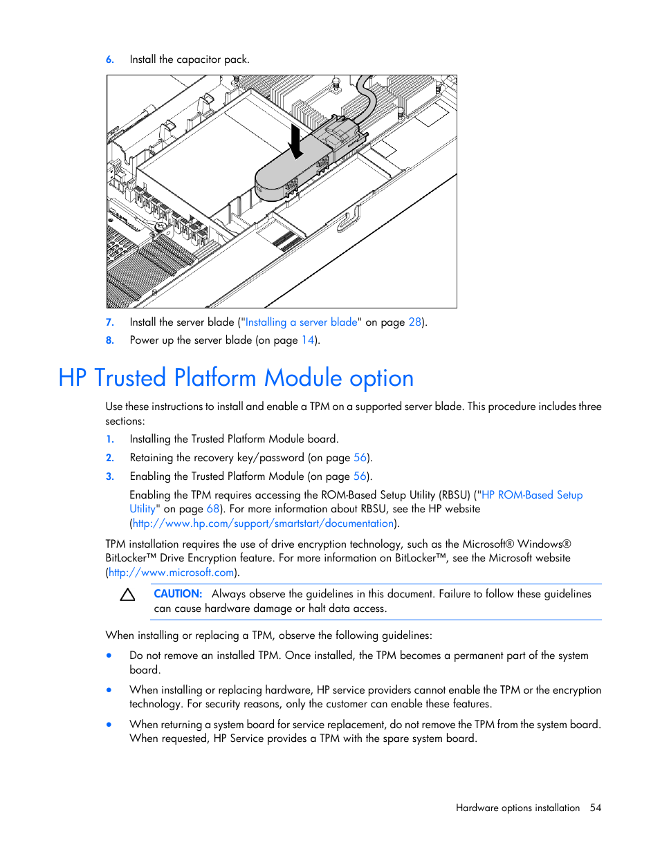 Hp trusted platform module option | HP ProLiant BL620c G7 Server-Blade User Manual | Page 54 / 123