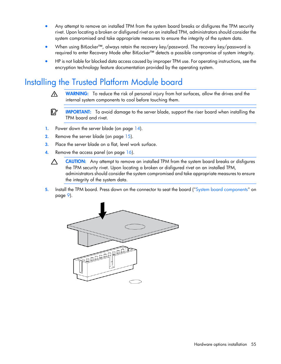 Installing the trusted platform module board | HP ProLiant BL620c G7 Server-Blade User Manual | Page 55 / 123