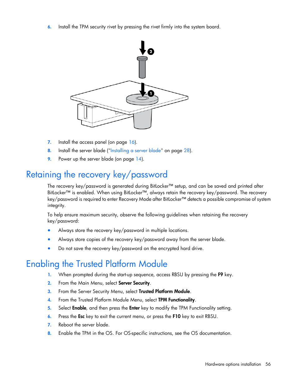 Retaining the recovery key/password, Enabling the trusted platform module | HP ProLiant BL620c G7 Server-Blade User Manual | Page 56 / 123