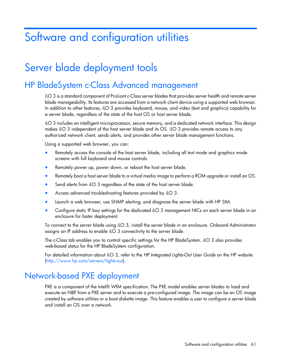Software and configuration utilities, Server blade deployment tools, Hp bladesystem c-class advanced management | Network-based pxe deployment | HP ProLiant BL620c G7 Server-Blade User Manual | Page 61 / 123
