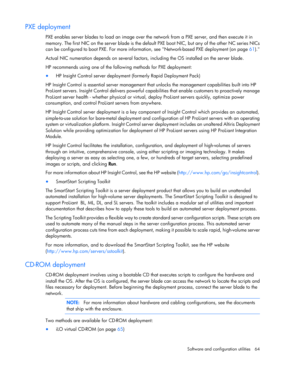 Pxe deployment, Cd-rom deployment | HP ProLiant BL620c G7 Server-Blade User Manual | Page 64 / 123