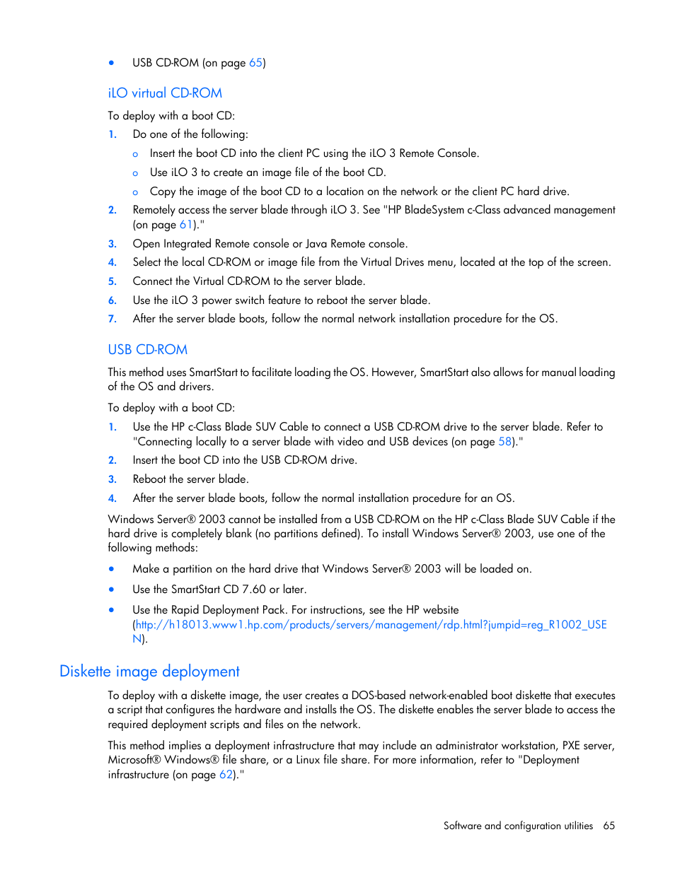 Ilo virtual cd-rom, Usb cd-rom, Diskette image deployment | HP ProLiant BL620c G7 Server-Blade User Manual | Page 65 / 123