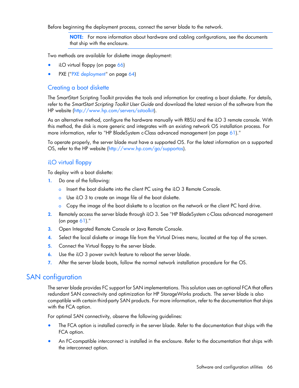 Creating a boot diskette, Ilo virtual floppy, San configuration | HP ProLiant BL620c G7 Server-Blade User Manual | Page 66 / 123