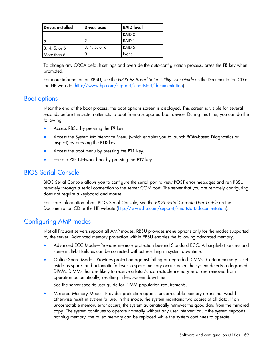 Boot options, Bios serial console, Configuring amp modes | HP ProLiant BL620c G7 Server-Blade User Manual | Page 69 / 123