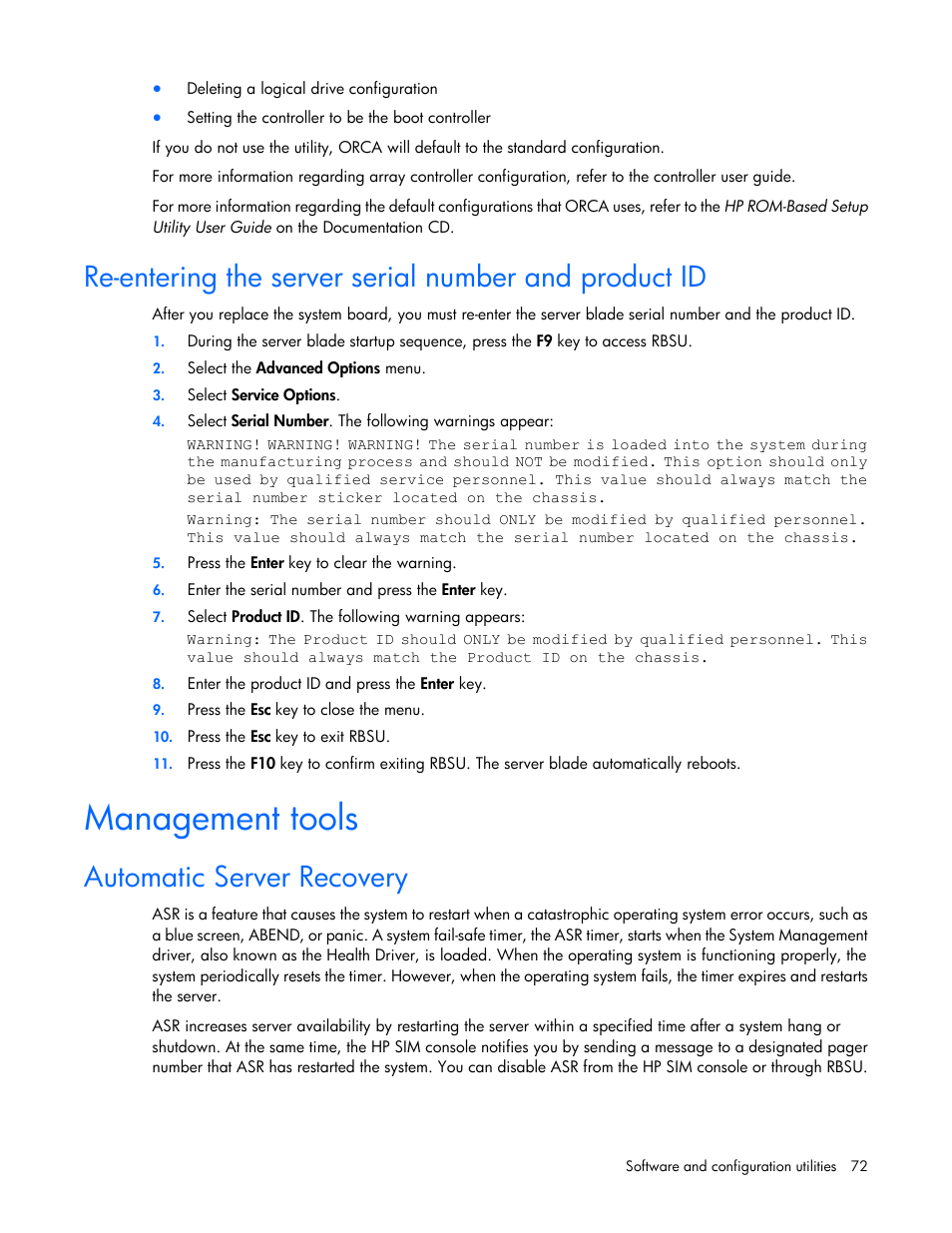 Management tools, Automatic server recovery | HP ProLiant BL620c G7 Server-Blade User Manual | Page 72 / 123