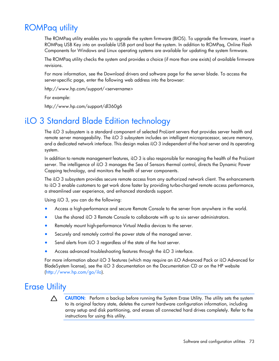 Rompaq utility, Ilo 3 standard blade edition technology, Erase utility | HP ProLiant BL620c G7 Server-Blade User Manual | Page 73 / 123