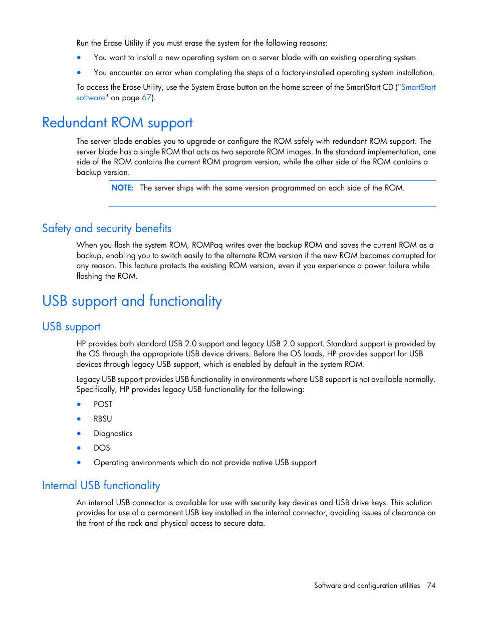 Redundant rom support, Safety and security benefits, Usb support and functionality | Usb support, Internal usb functionality | HP ProLiant BL620c G7 Server-Blade User Manual | Page 74 / 123