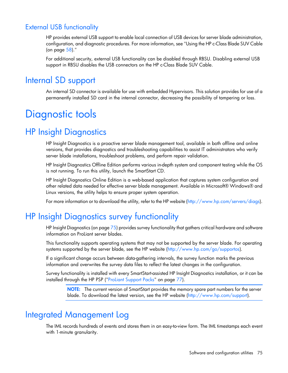 External usb functionality, Internal sd support, Diagnostic tools | Hp insight diagnostics, Hp insight diagnostics survey functionality, Integrated management log | HP ProLiant BL620c G7 Server-Blade User Manual | Page 75 / 123