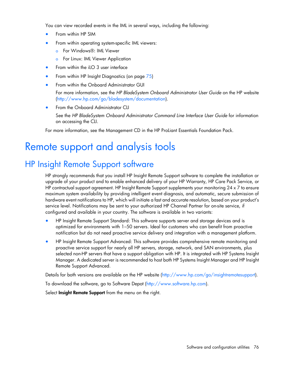 Remote support and analysis tools, Hp insight remote support software | HP ProLiant BL620c G7 Server-Blade User Manual | Page 76 / 123