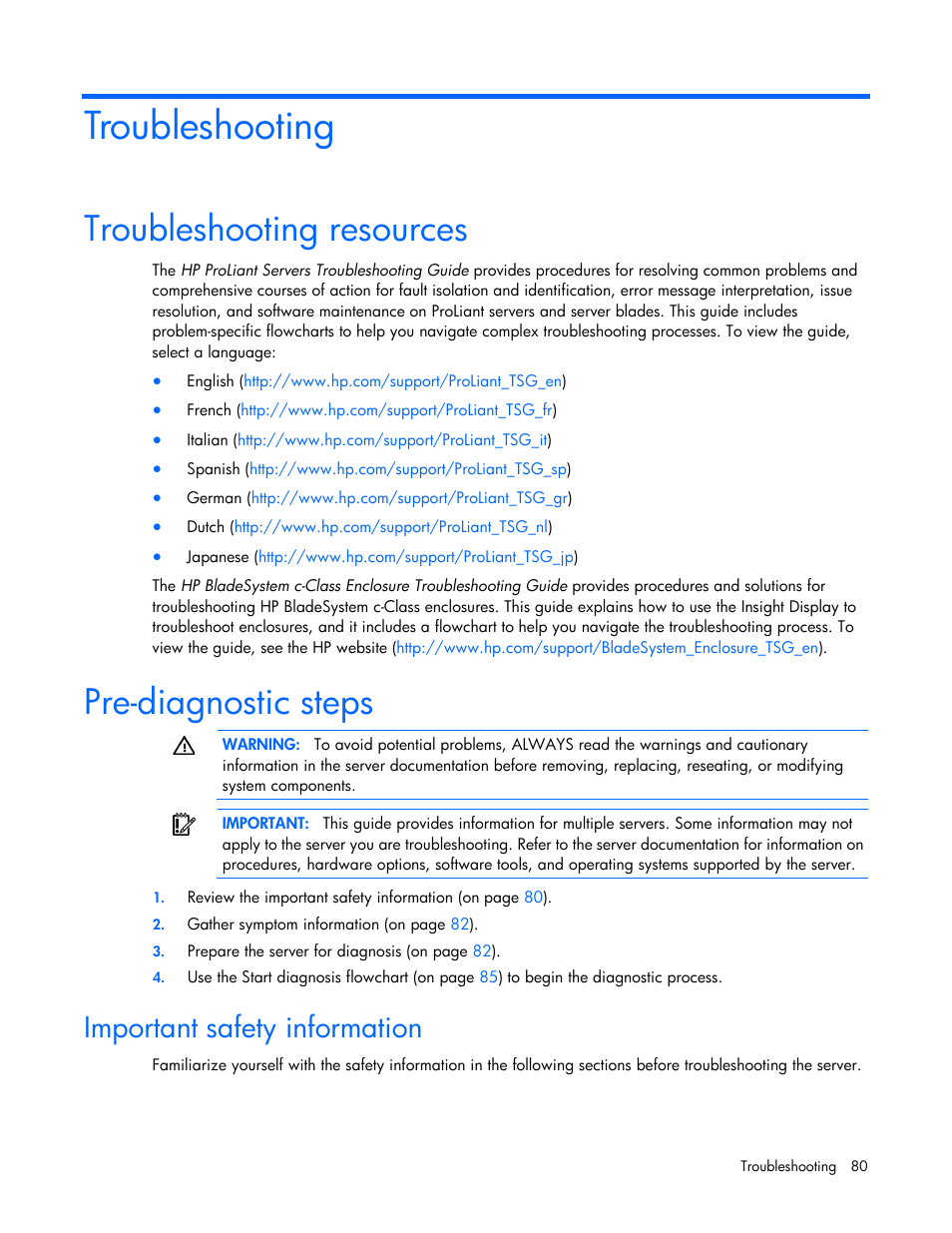 Troubleshooting, Troubleshooting resources, Pre-diagnostic steps | Important safety information | HP ProLiant BL620c G7 Server-Blade User Manual | Page 80 / 123