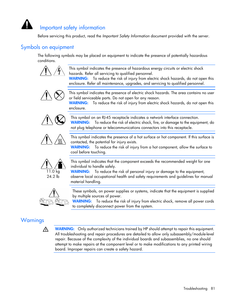 Symbols on equipment, Warnings, Important safety information | HP ProLiant BL620c G7 Server-Blade User Manual | Page 81 / 123