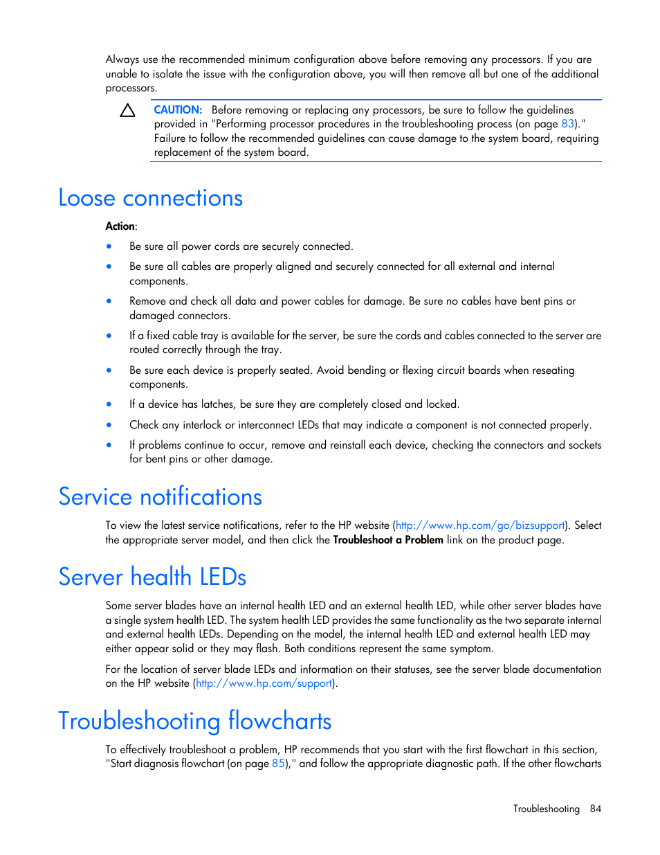 Loose connections, Service notifications, Server health leds | Troubleshooting flowcharts | HP ProLiant BL620c G7 Server-Blade User Manual | Page 84 / 123