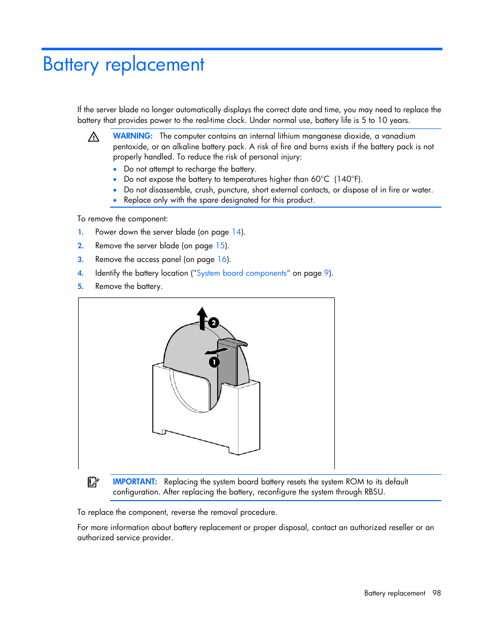 Battery replacement | HP ProLiant BL620c G7 Server-Blade User Manual | Page 98 / 123
