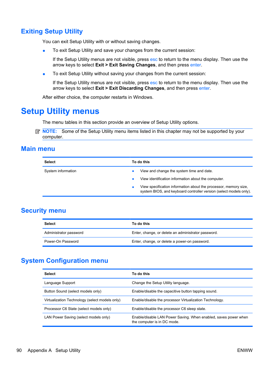 Exiting setup utility, Setup utility menus, Main menu | Security menu, System configuration menu, Security menu system configuration menu | HP Pavilion dv5-2070us Entertainment Notebook PC User Manual | Page 100 / 110