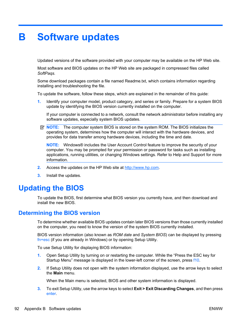 Software updates, Updating the bios, Determining the bios version | Appendix b software updates, Bsoftware updates | HP Pavilion dv5-2070us Entertainment Notebook PC User Manual | Page 102 / 110